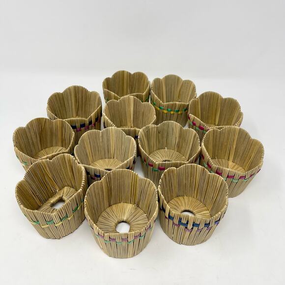 Vintage Tiki Bar Cup Holders Tan Multi Scalloped Woven Straw Japan Set of 12 - Picture 3 of 8